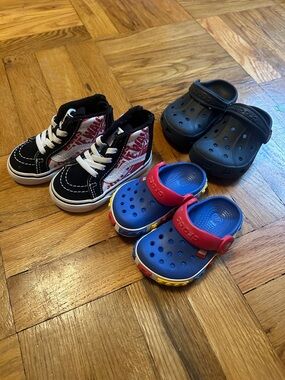 3 PAIRS of Toddler Shoes Size 4/5: Vans, Lego Crocs, Navy Crocs